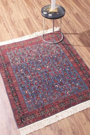 Blue vintage carpet with intricate red patterns and border by Carpet Cellar