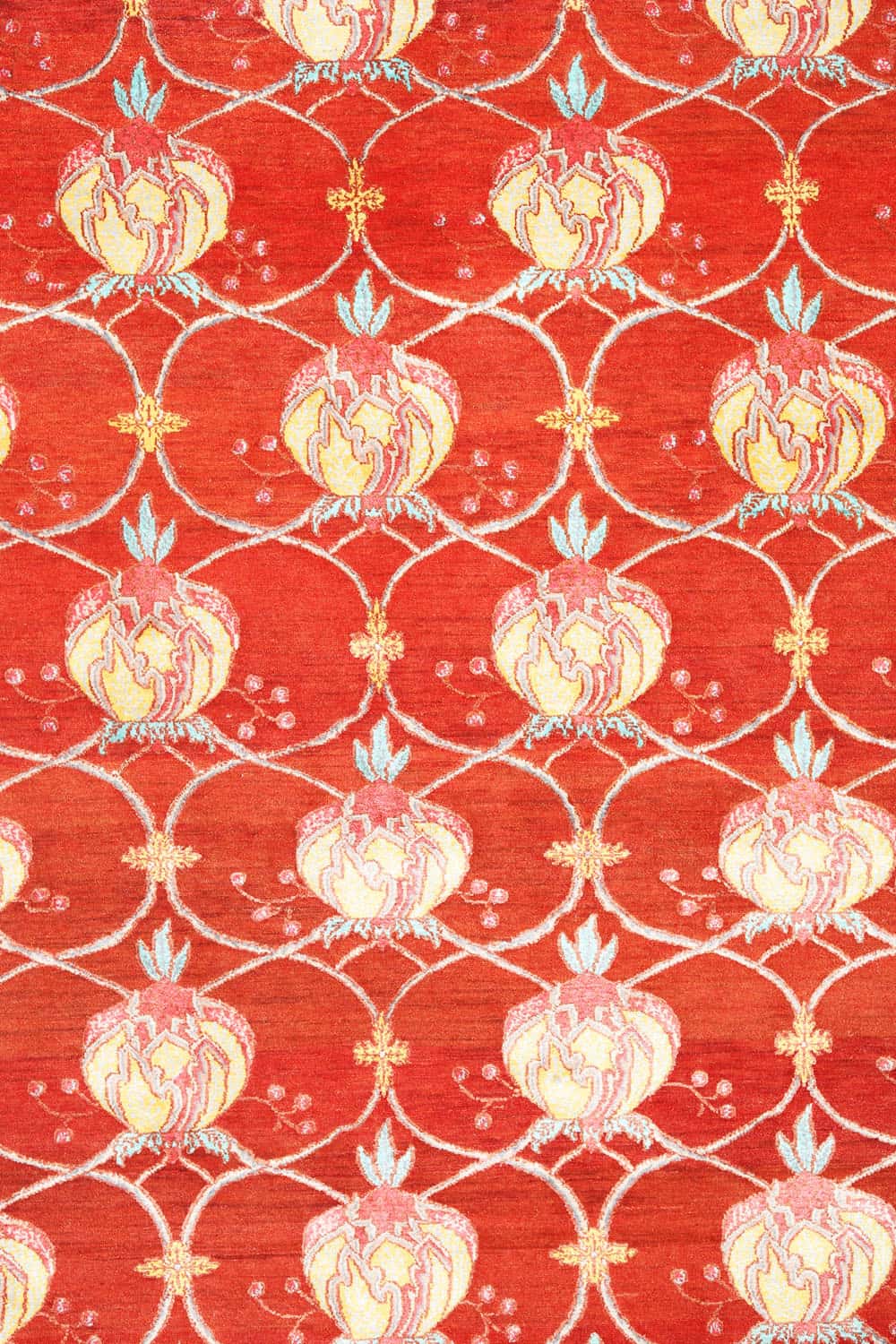 Red orange transitional carpet with large beige motifs by Carpet Cellar