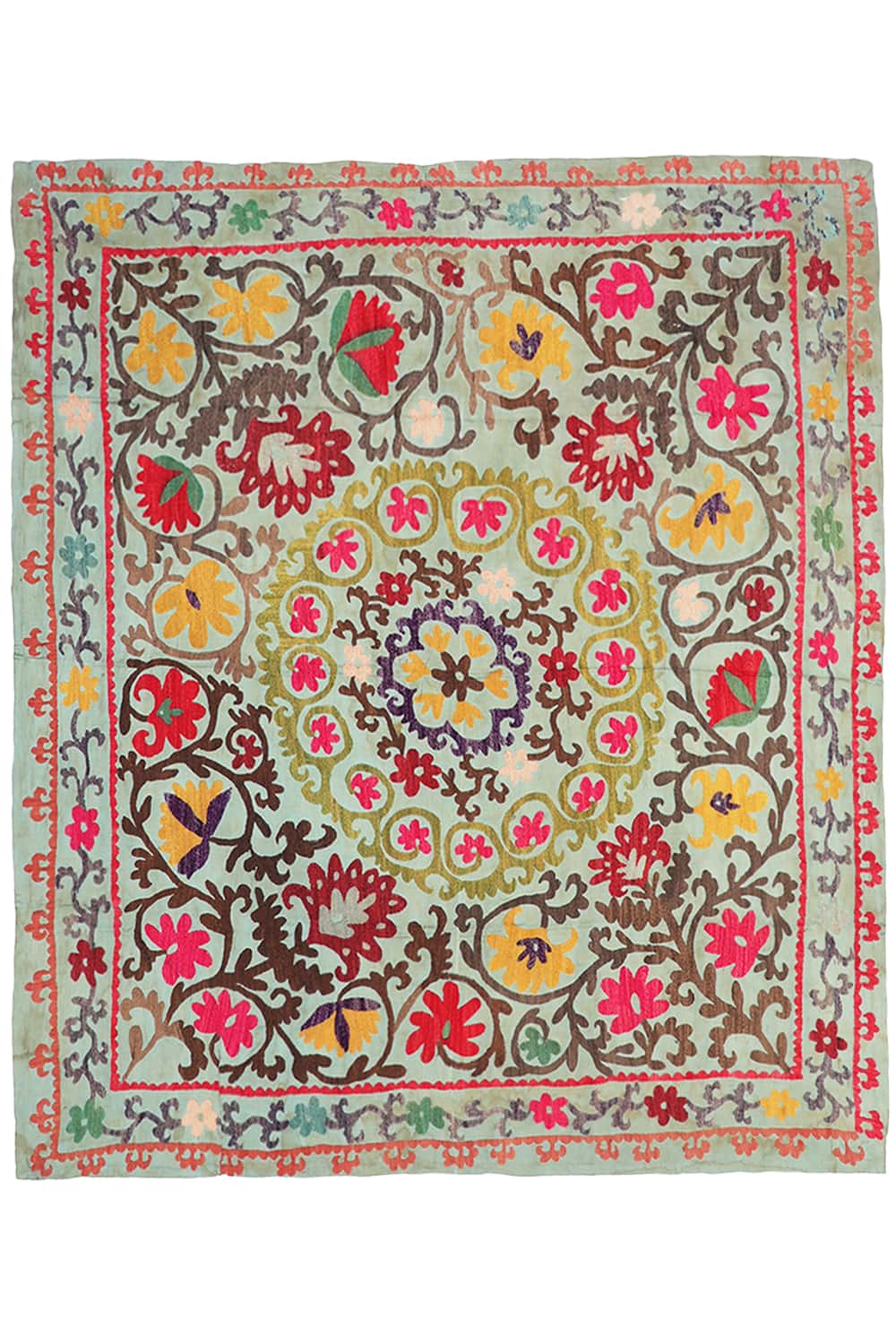 Vintage Uzbek Lakai Embroidery Textile – Pink on Light Blue
