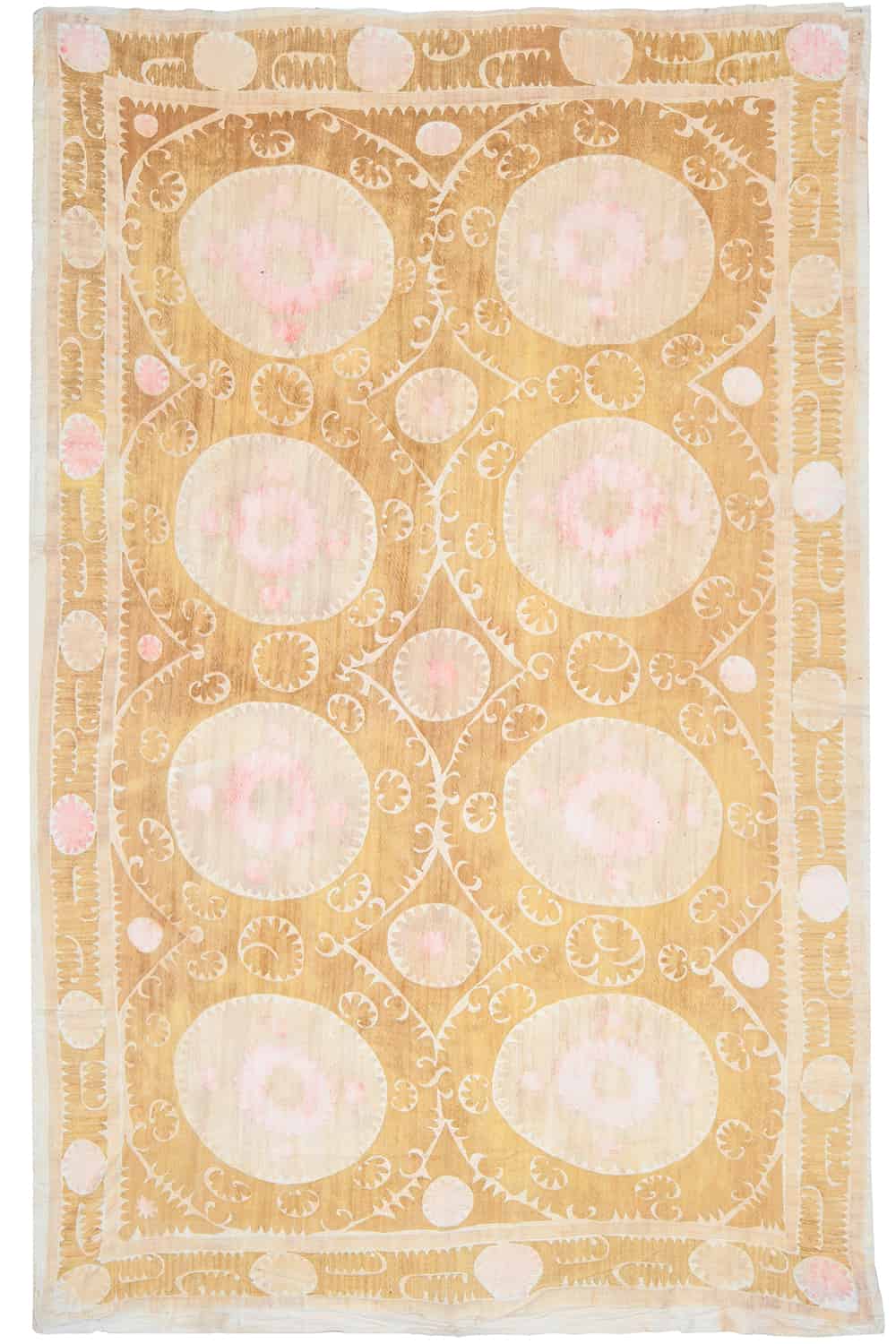 Tribal Uzbek Suzani Embroidered Textile – Light Brown and Beige
