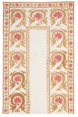 Vintage Tribal Uzbek Suzani Hand Embroidered Textile - Pastel Pink and Brown