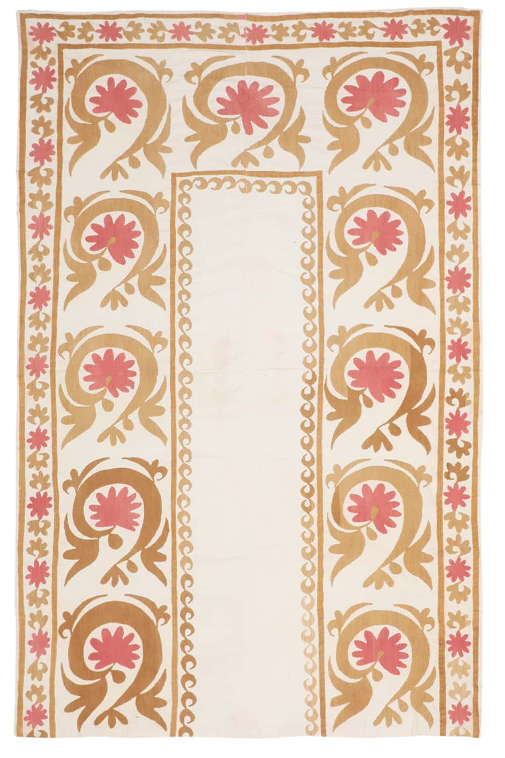 Vintage Tribal Uzbek Suzani Hand Embroidered Textile – Pastel Pink and Brown