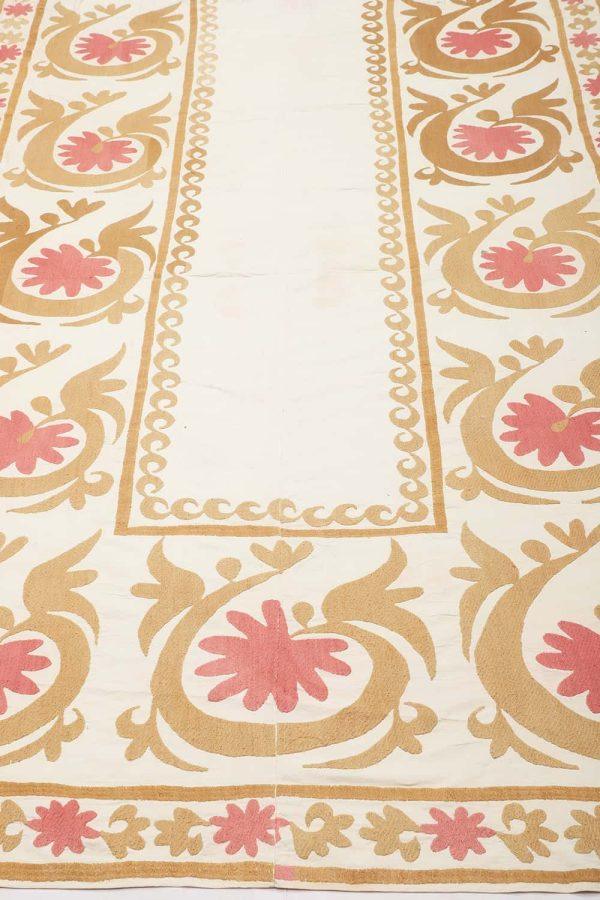 Vintage Tribal Uzbek Suzani Hand Embroidered Textile - Pastel Pink and Brown