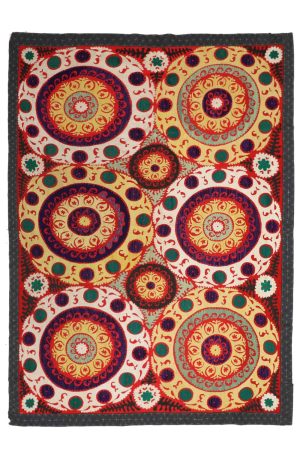 Vintage Tribal Uzbek Suzani Hand Embroidered Textile - Red and White