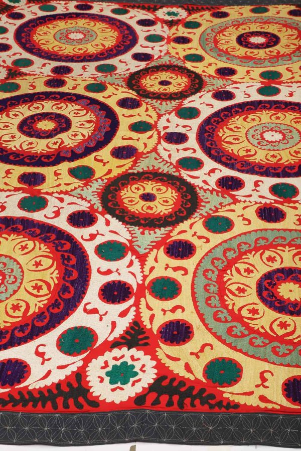 Vintage Tribal Uzbek Suzani Hand Embroidered Textile - Red and White