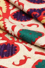 Vintage Tribal Uzbek Suzani Hand Embroidered Textile - Red and White