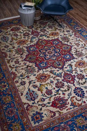 beige and blue handcrafted Antique Persian Carpets made from Wool by Carpet Cellar