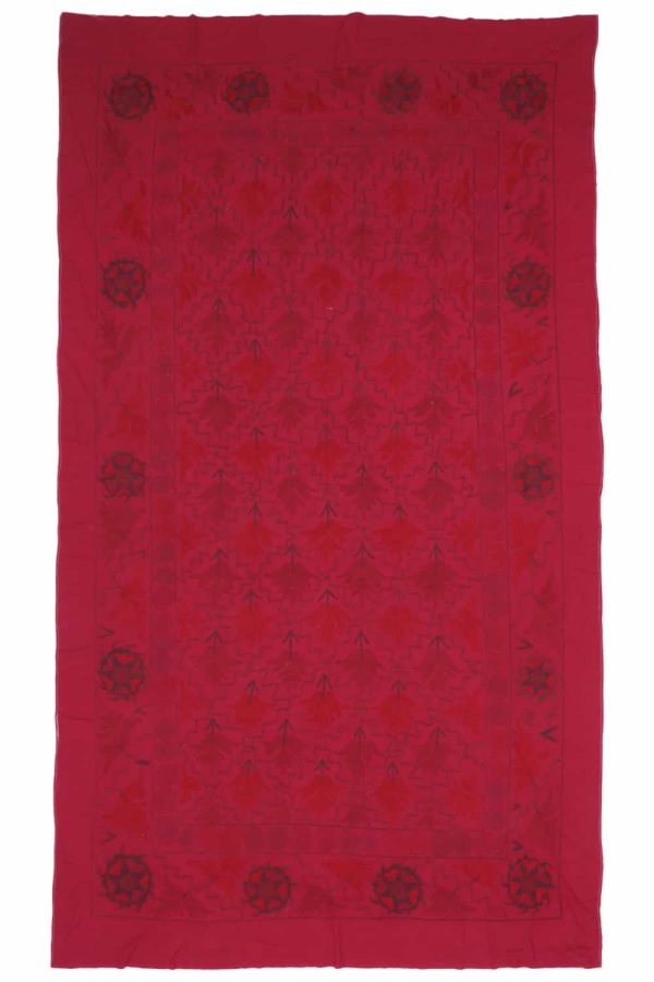 Vintage Tribal Uzbek Suzani Hand Embroidered Textile - Red