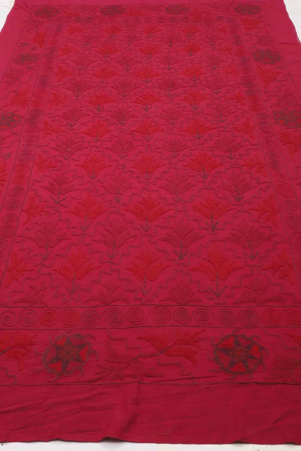 Vintage Tribal Uzbek Suzani Hand Embroidered Textile - Red