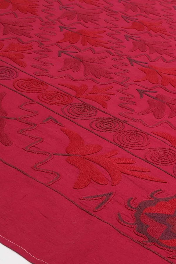 Vintage Tribal Uzbek Suzani Hand Embroidered Textile - Red