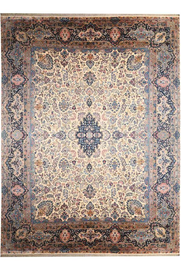 Antique Laver Kerman Aubusson - Blue on Beige