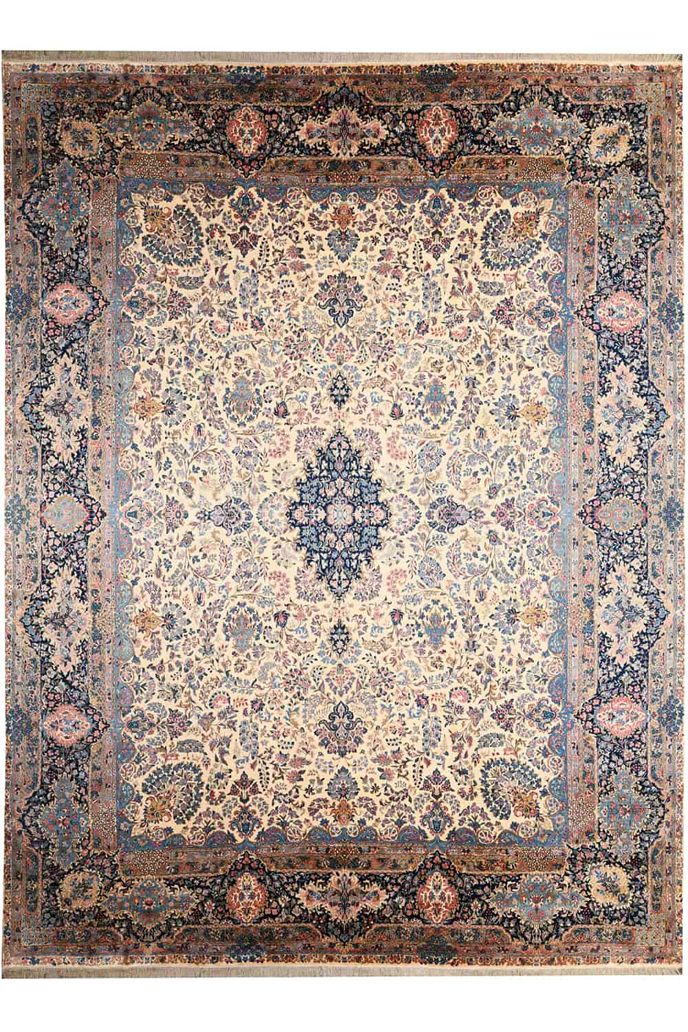 Antique Laver Kerman Aubusson – Blue on Beige