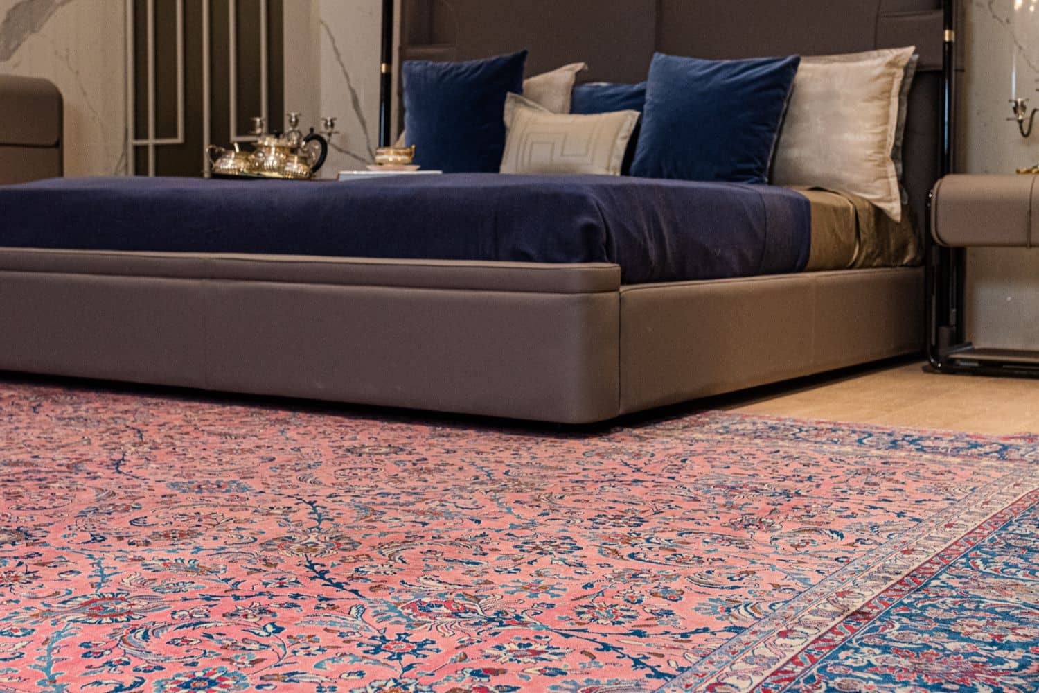 Blue and pink carpet for bedroom with intricate floral designs by Carpet Cellar