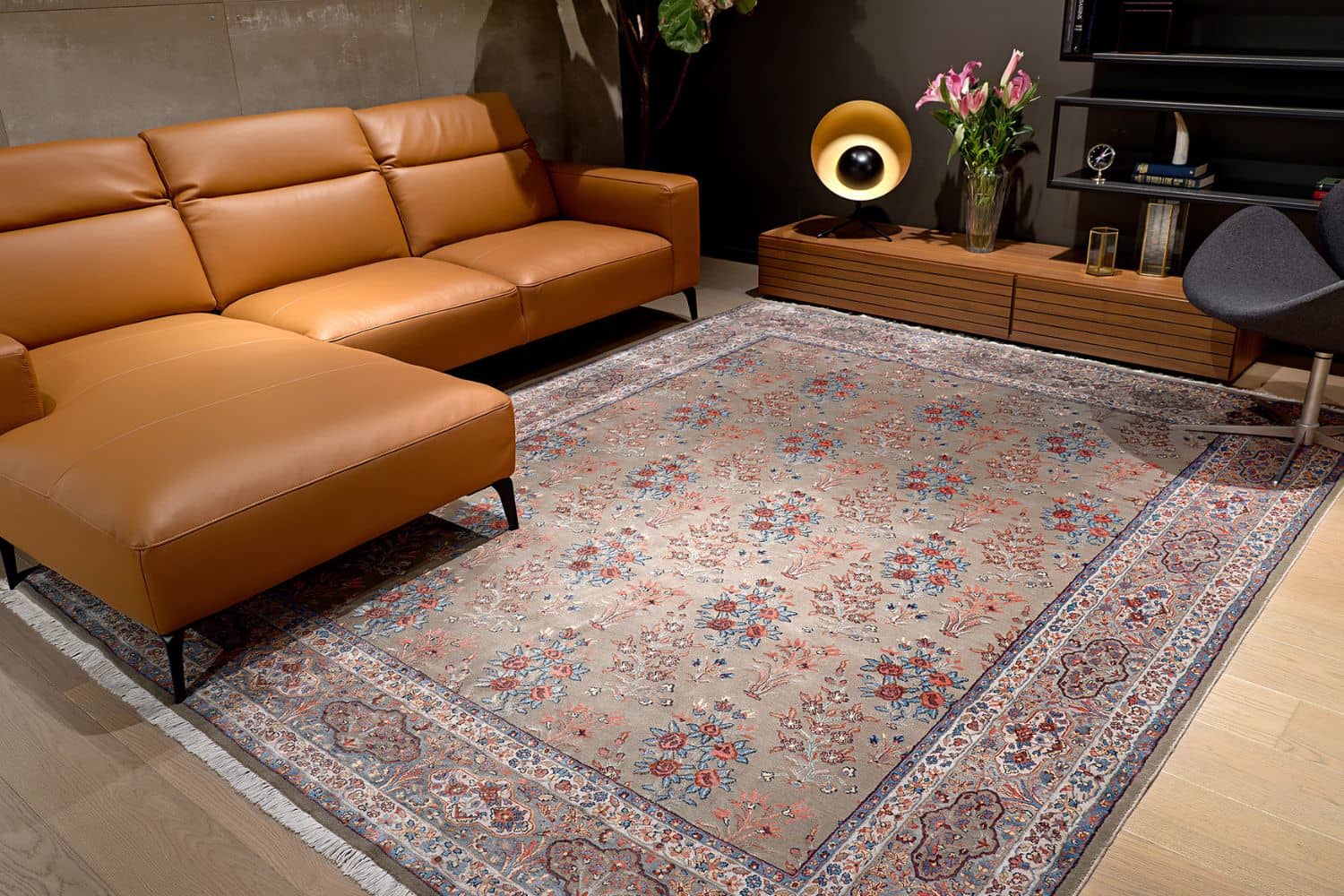 Large grey rug for living room with intricate blue designs by Carpet Cellar