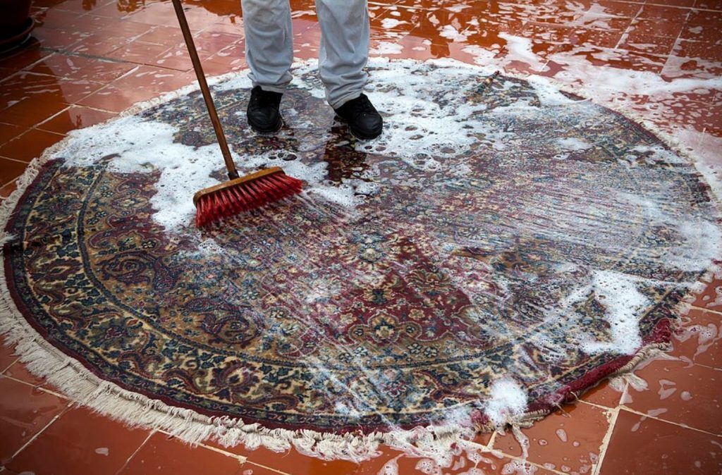 Second step of the carpet washing process at Carpet Cellar