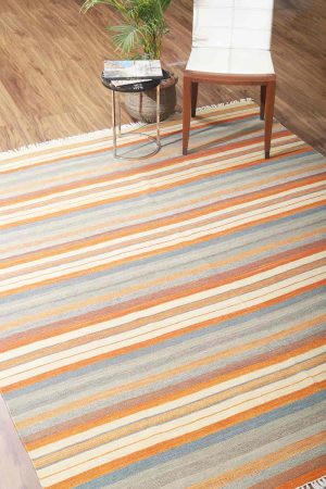 Blue and Orange handcrafted Flatweave Rugs made from Wool by Carpet Cellar