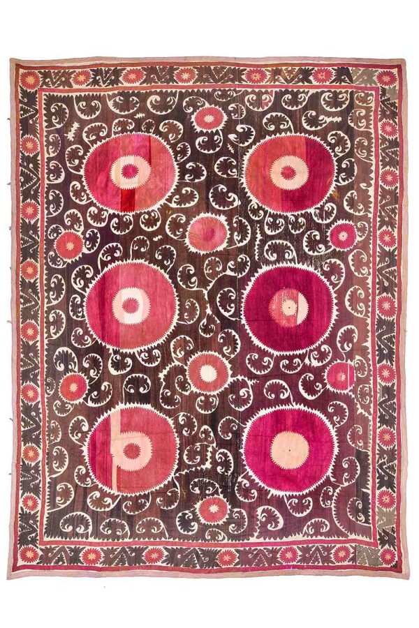 Vintage Uzbek Suzani Embroidered Textile - Burgundy