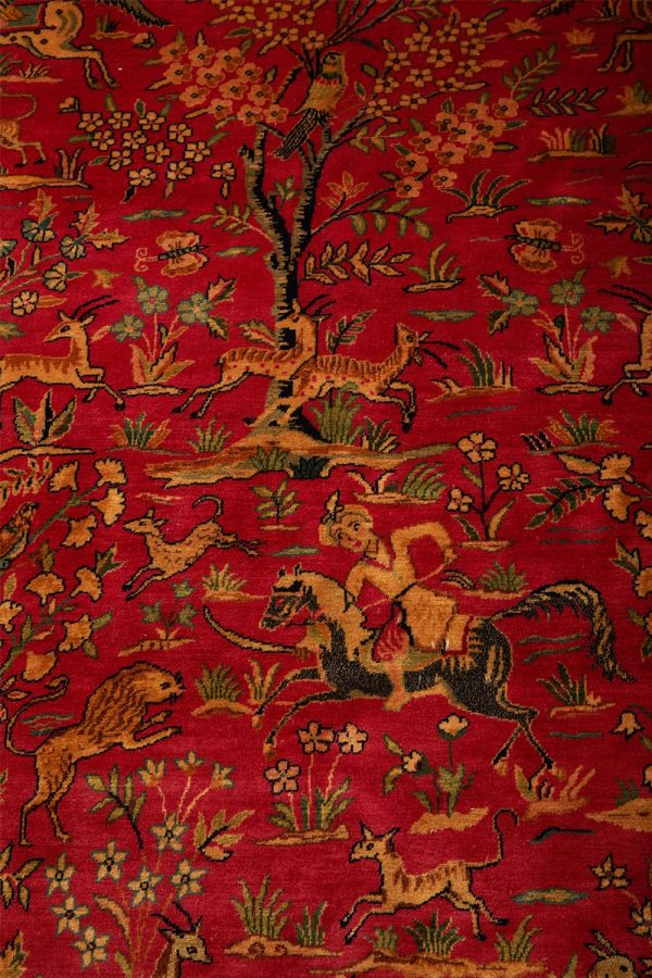 Vintage Tabriz Hunting Scene - Madder